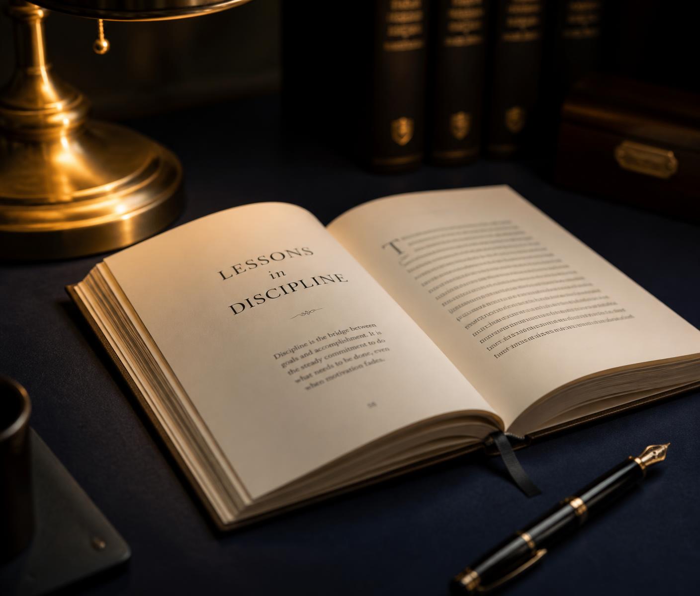 An open book beside a fountain pen under a brass reading lamp